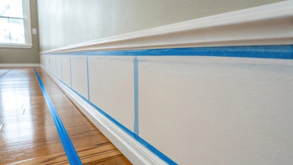 An artistic closeup of a strip of painters tape along the perimeter of newly marked lighting outs revealing the pristine conditions of the freshly prepped renovation wall backdrop.