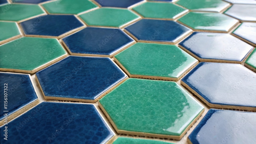 Poster An array of hexagonal tiles with a matte finish combining deep blues and greens each edged with a thin metallic line that catches the light at certain angles.