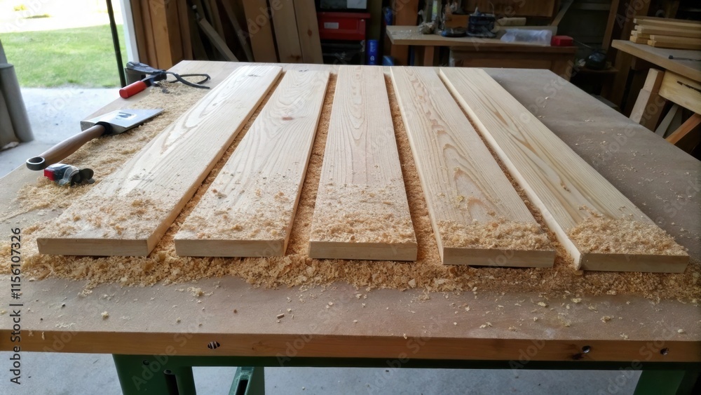 Poster an arrangement of wooden planks on a makeshift workbench with the fine sawdust clinging to the finis