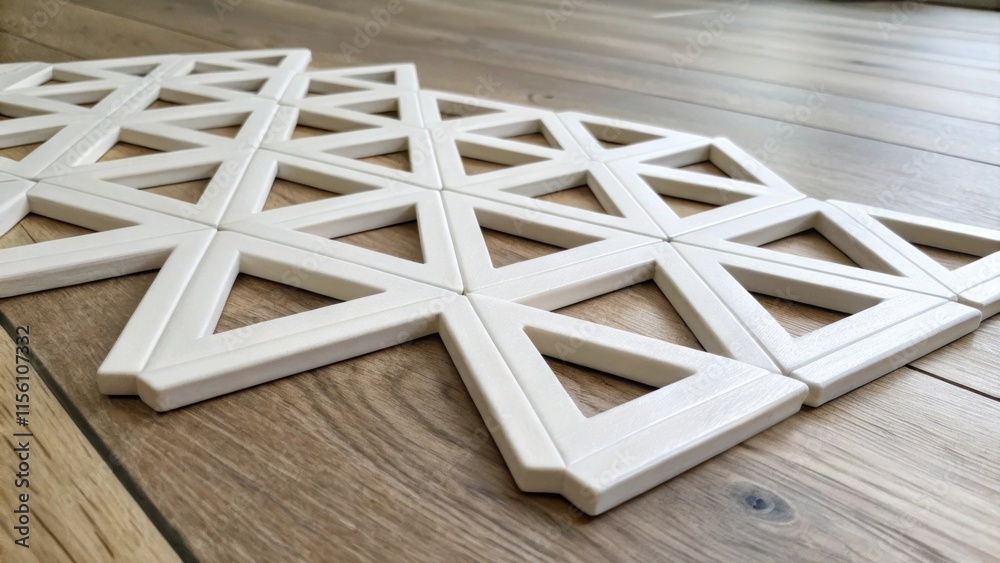 Poster an arrangement of white tile spacers randomly p on the wood floor with some leaning against each oth