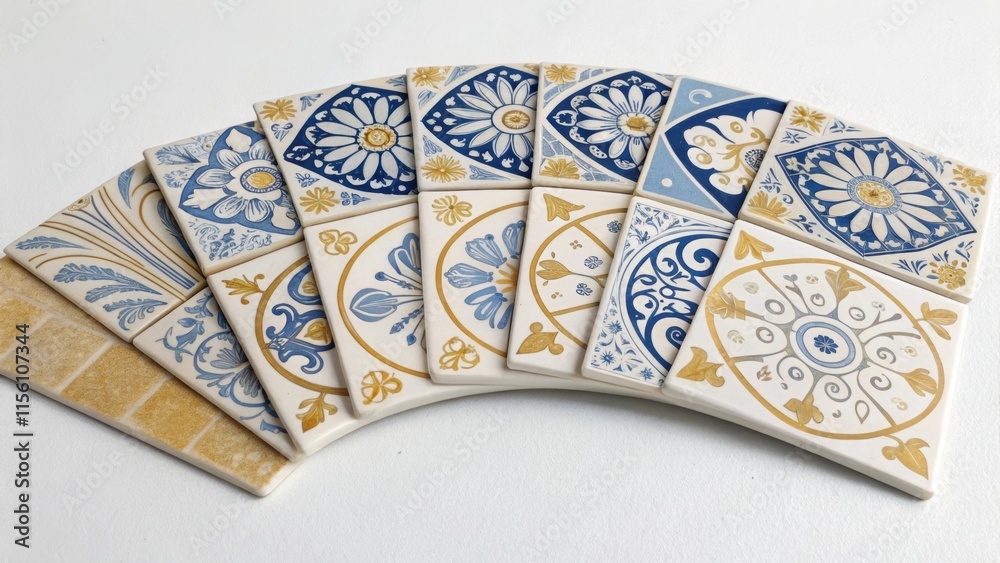 Poster An array of delicate porcelain tiles featuring handpainted designs intricately arranged in a fan shape showcasing shades of blue and gold against a stark white background.