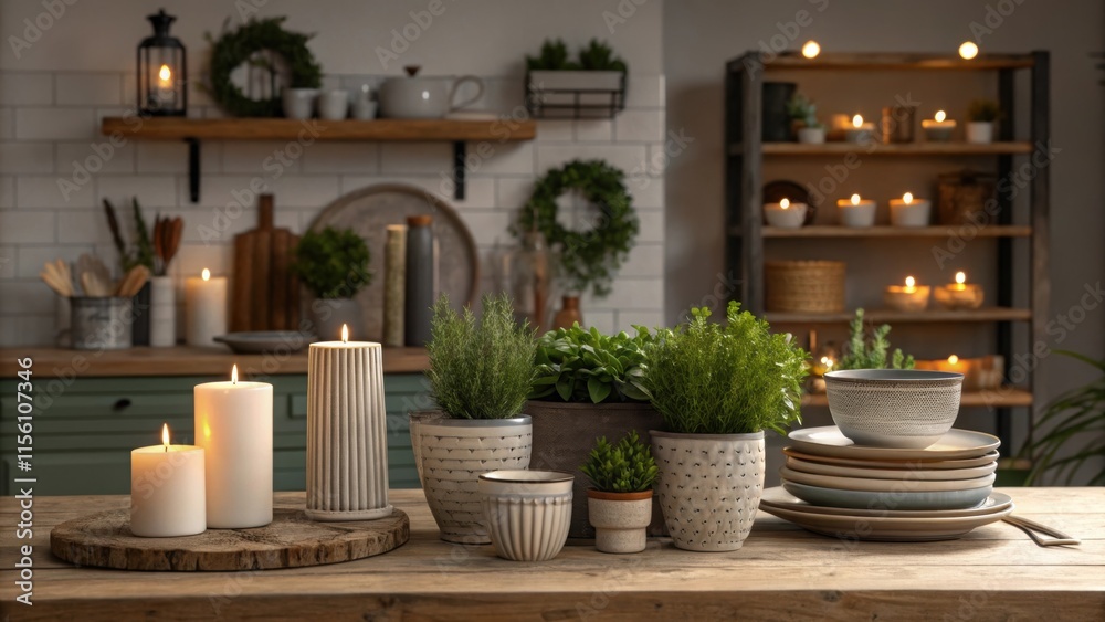 Aufkleber An array of decorative kitchen artifacts such as potted herbs bask in the soft light below creating a cozy and inviting atmosphere in the space.