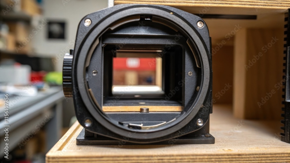 Poster An aperture view featuring a small opening where a shelf connects to its support showing the careful craftsmanship needed for the alignment.
