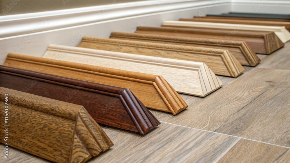 Poster An arrangement of baseboards overlapping each other the different layers producing contrasting textures and a warm visual palette that speaks to potential transformations.