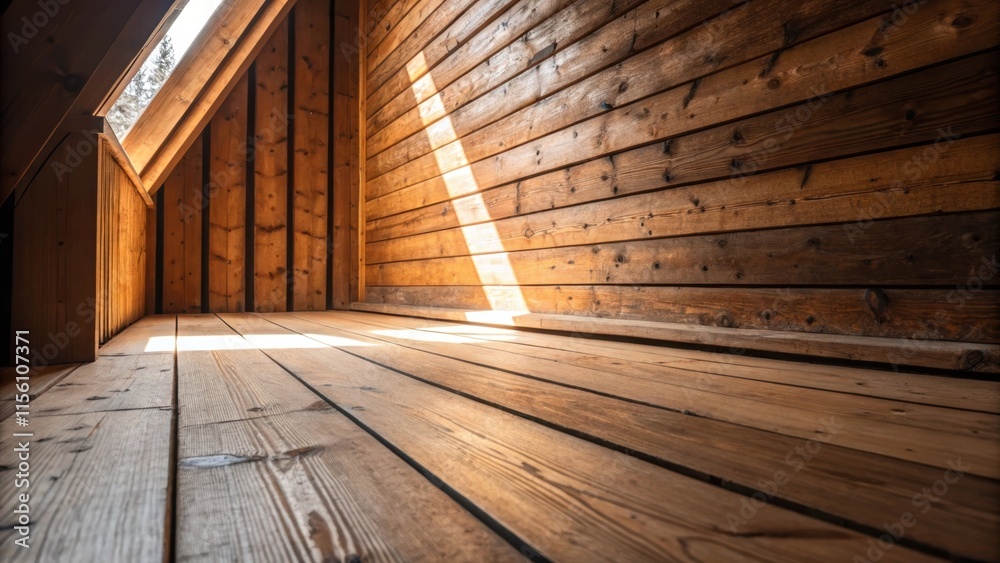 Poster an angle shot showing a few wood planks slightly askew with light streaming in to accentuate the ric