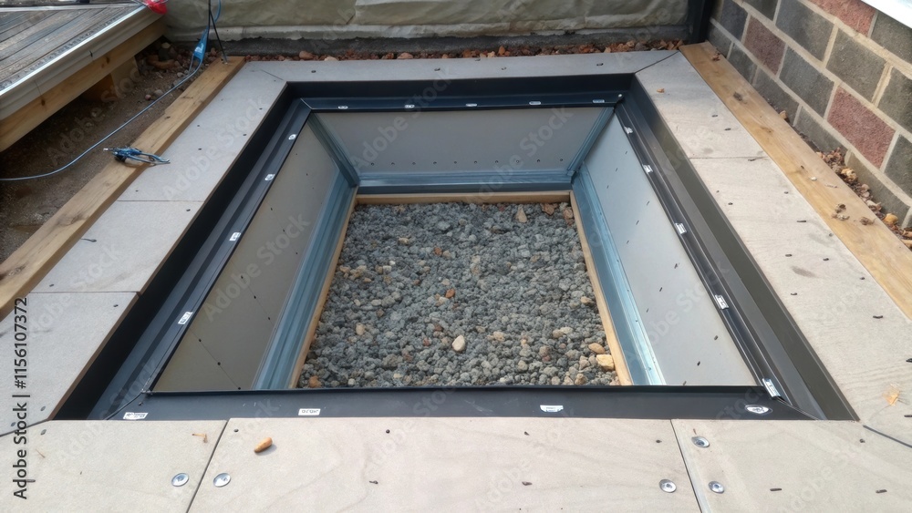 Poster an angle shot showcasing the depth of the skylight installation niche where protective sheeting outl