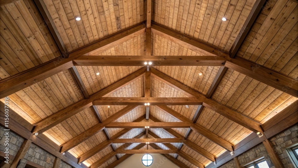 Aufkleber An angle showcasing the ceiling beams capturing their angular lines that draw the eye upward with soft diffused light casting subtle patterns against the rough wood.