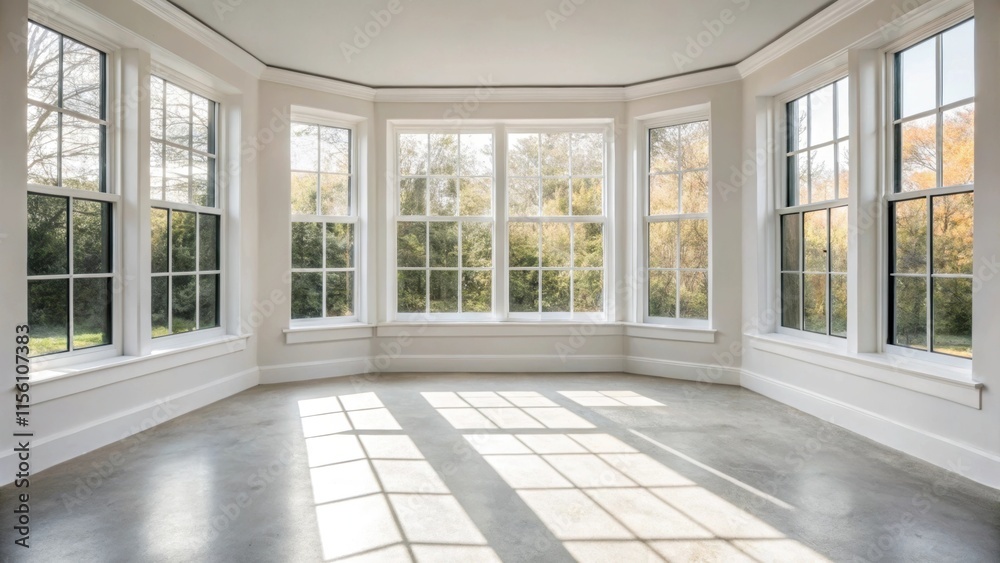 Poster An angle highlighting the edges of newly installed doublepane windows illuminating the generous room with natural light and casting delicate shadows on the painted cement floor.
