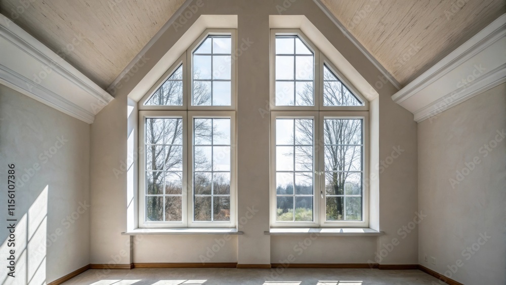 Poster An angle highlighting the symmetry of two adjacent large windows casting balance and light into the room surrounded by clean edges of freshly textured walls.