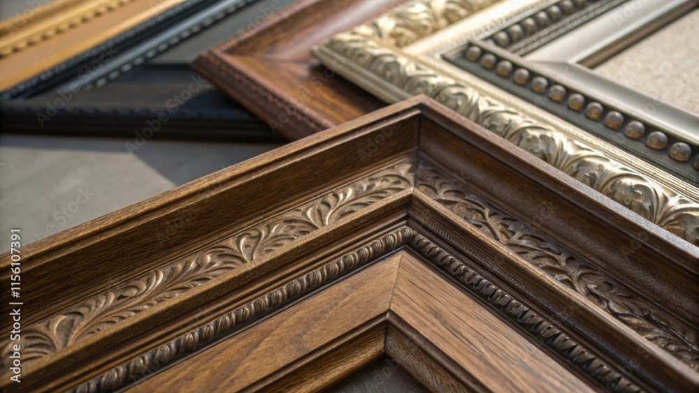 Poster An angled view showcasing the layering of the molding pieces where one layer overlaps another exposing the dimensional quality and rich textures of the various profiles.