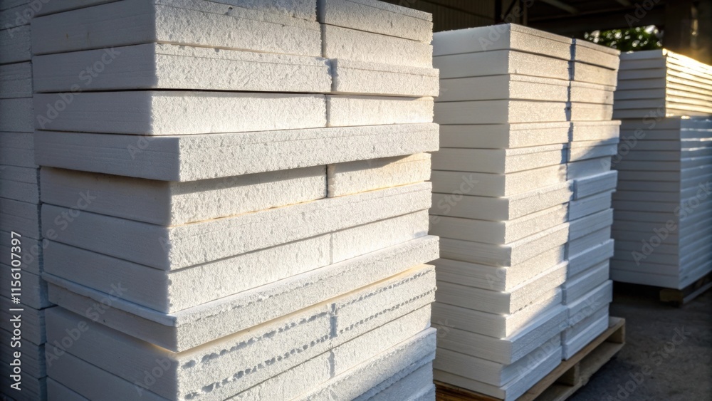 Poster An angle highlighting the interplay of light and shadow on the stacks of white insulation panels each layer distinct and offering a glimpse into the upcoming transformation of the