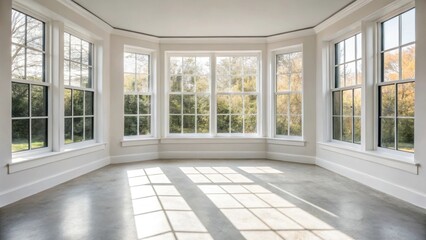 Fototapeta premium An angle highlighting the edges of newly installed doublepane windows illuminating the generous room with natural light and casting delicate shadows on the painted cement floor.