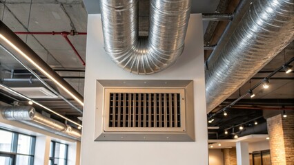 An angle highlighting a heating vent with a brushed nickel finish surrounded by raw metallic exposed ducts that create a bold urban atmosphere within the renovated room.