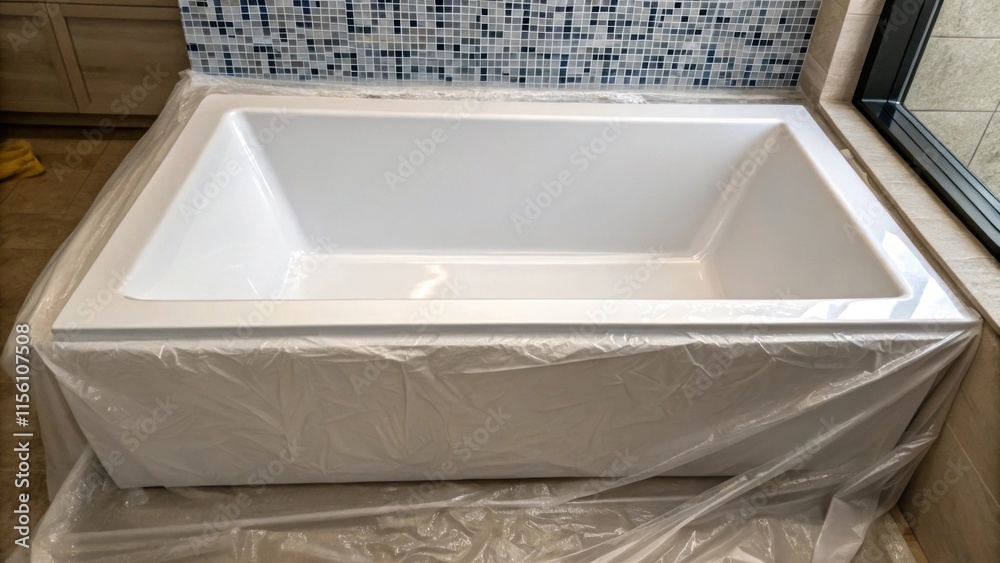 Poster A modern rectangular bathtub freshly installed with its pristine surface partially obscured by crinkled protective film a glimpse of the textured tiles visible in the background.