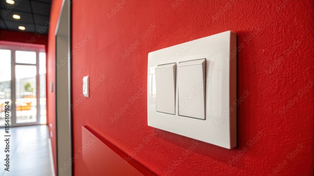 Poster a modern flatpanel light switch in matte white is set against a bold red wall exuding a contemporary