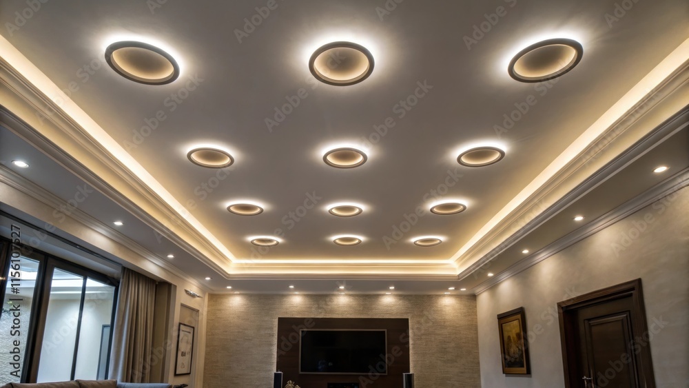 Poster A modern living room ceiling showcasing rounded recessed lighting fixtures evenly spaced to produce a warm inviting atmosphere with a subtle sheen from fresh paint.