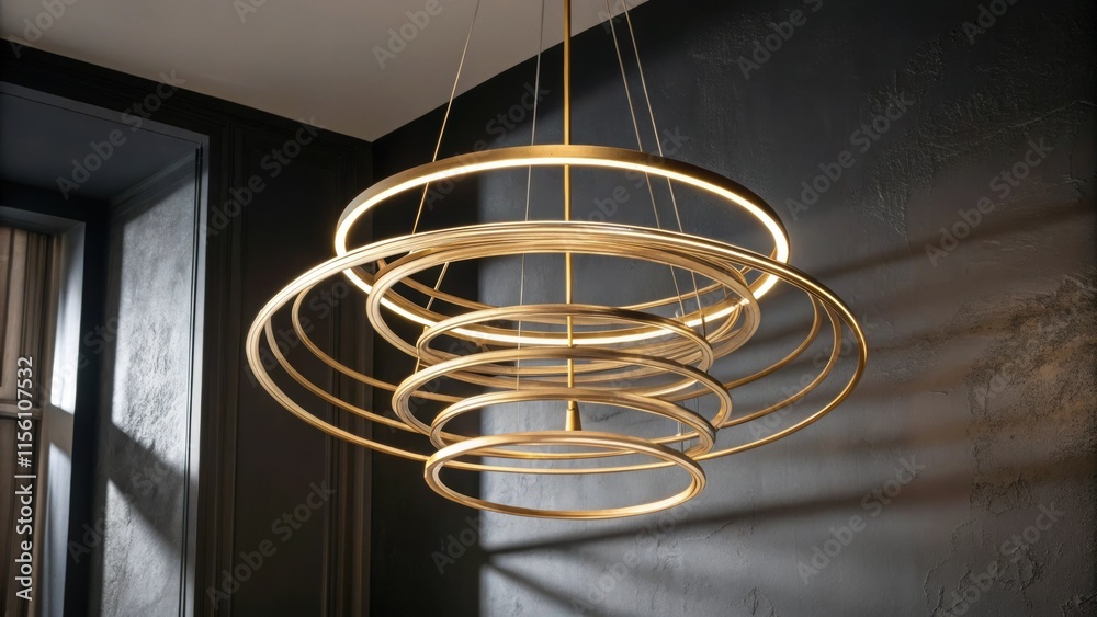Poster A modern chandelier featuring layered rings of brushed gold suspended from a wire displayed against a dark wall casting intriguing shadows.