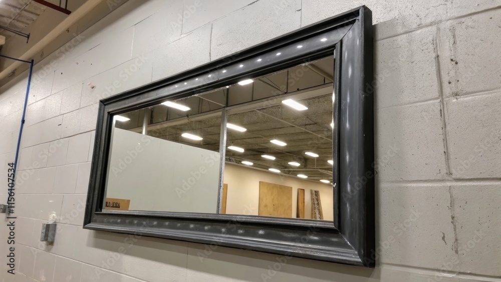 Poster A modern mirror frame hanging askew on the wall reflecting construction light with patches of primer visible around its edges.