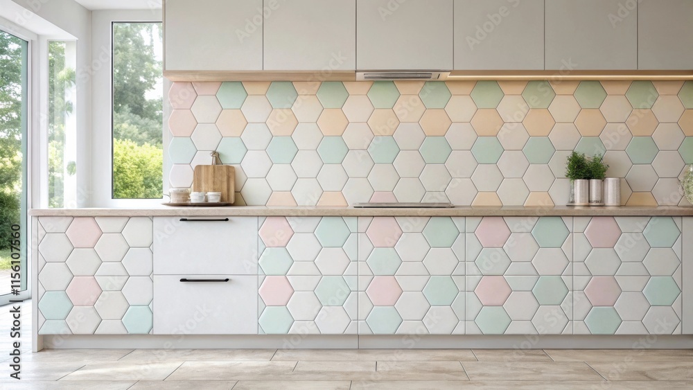 Poster A modern backsplash of hexagonal tiles in soft pastel hues that evoke a playful yet sophisticated atmosphere blending seamlessly with light cabinetry.