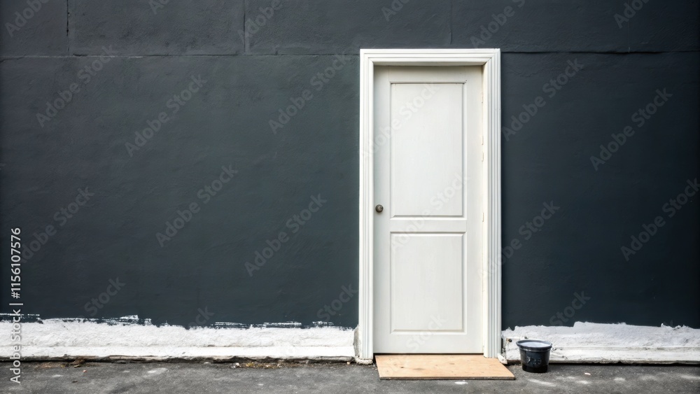 Poster a minimalist design featuring a clean white door leaning lightly against a bold charcoal gray wall w