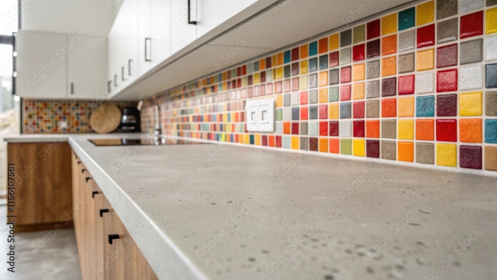Poster a minimalist kitchen counter featuring an expanse of polished concrete with vibrant mosaic tiles lea