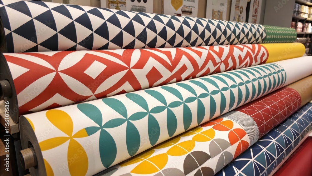 Poster a meticulously arranged collection of wallpaper rolls each displaying bold geometric shapes the colo