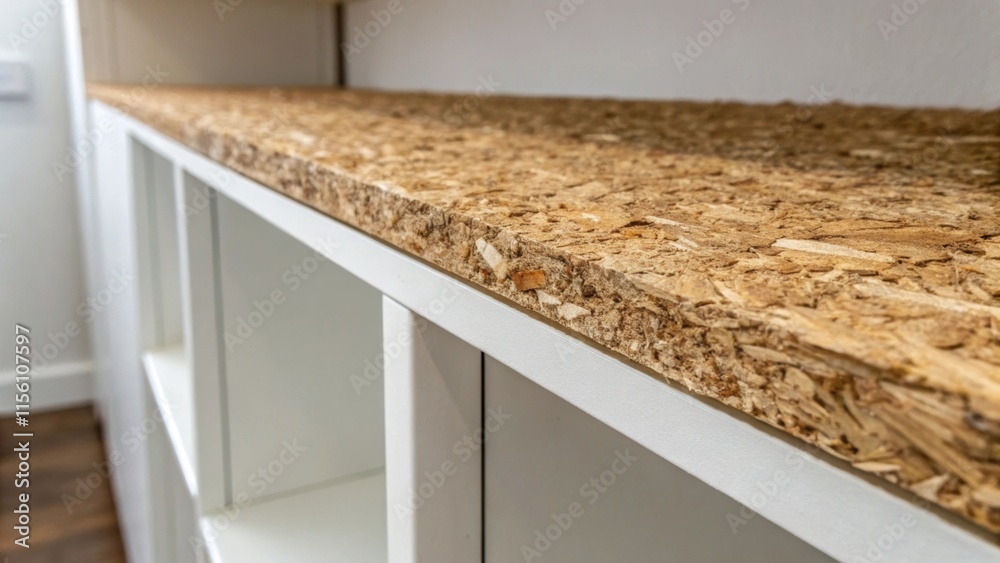 Aufkleber a magnified view of the rough edges of a cabinet shelf where wood chips remain visible contrasted wi
