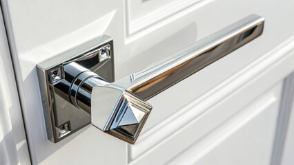 A modern chrome door handle with a geometric shape positioned on a bright seamless white surface that reflects its shine.
