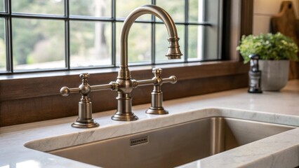 A modern bridge faucet with classic lever handles elegantly positioned over a deep farm sink combining traditional elements with a sleek design for a harmonious kitchen