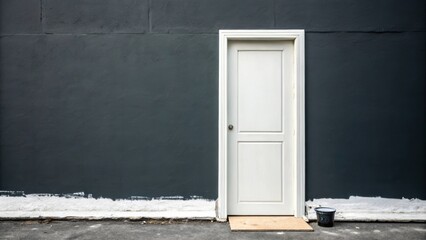 Fototapeta premium A minimalist design featuring a clean white door leaning lightly against a bold charcoal gray wall with a small patch of fresh paint visible at the base where the wall meets the