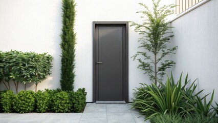 A matte finish door lying against a bright wall with tered greenery adds a fresh touch to modern minimalism merging nature with sleek design.