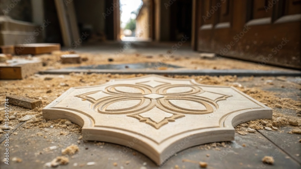 Poster a macro shot of a uniquely shaped tile laying by the entryway covered in sawdust and other renovatio
