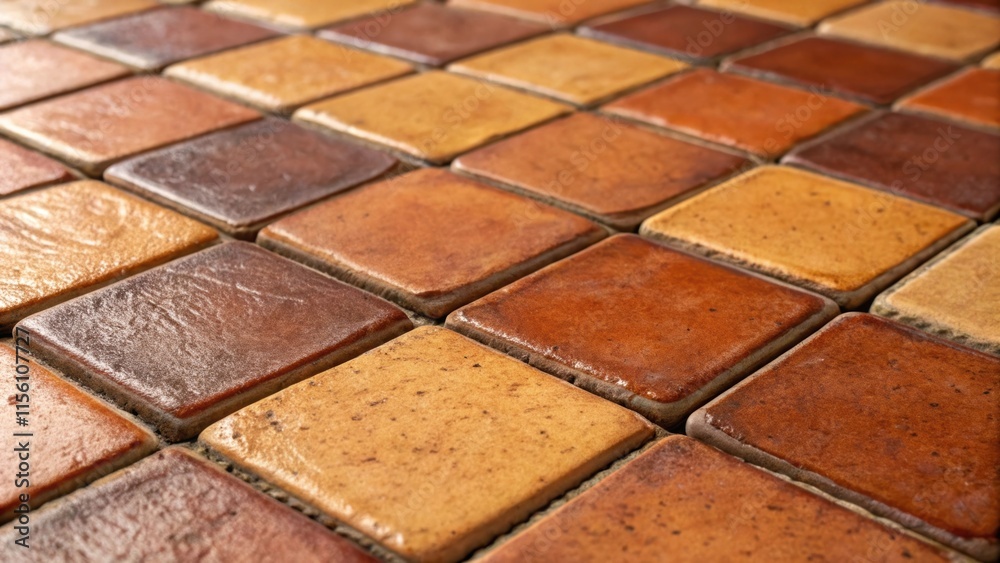 Poster A macro shot of handpainted tiles in warm earth tones with uneven grout lines that suggest an artisanal touch highlighting the depth and character of each piece.