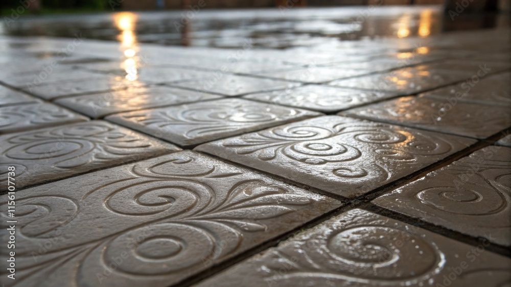Aufkleber A macro shot of a single tile revealing its intricate surface pattern of subtle swirls surrounded by wet grout that glistens under soft overhead lighting creating a contrast with