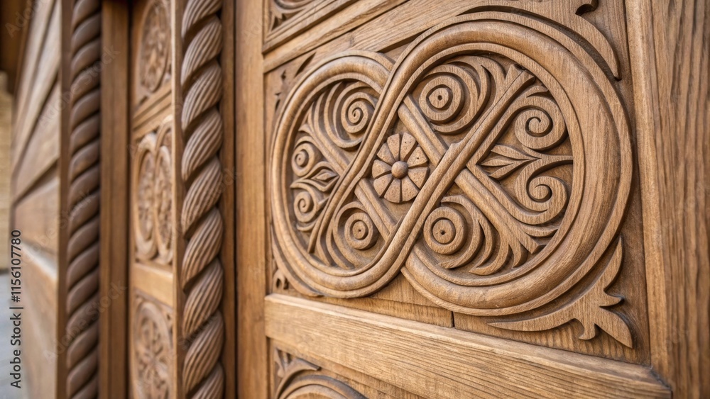 Poster A macro shot focusing on the intricate knots and whorls in the wood of an unpainted door capturing the unique beauty of natures design embedded in the material.