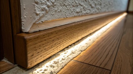A macro shot focusing on the gap left by a pre for a recessed light revealing the unique texture of the drywall contrasted against the wooden frame beneath.