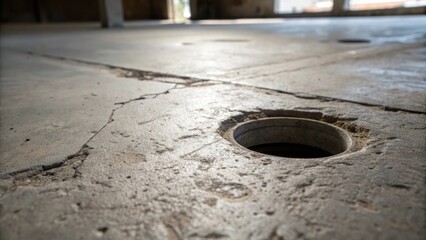 Naklejka premium A macro photograph focusing on a single drainage hole the rough texture of the surrounding concrete floor capturing light and shadows revealing the subtle imperfections of a