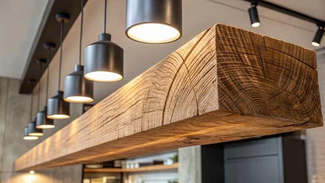 A macro shot of a beams end grain reveals the transition from rough wood to the polished surfaces of contemporary lighting fixtures that hang overhead.