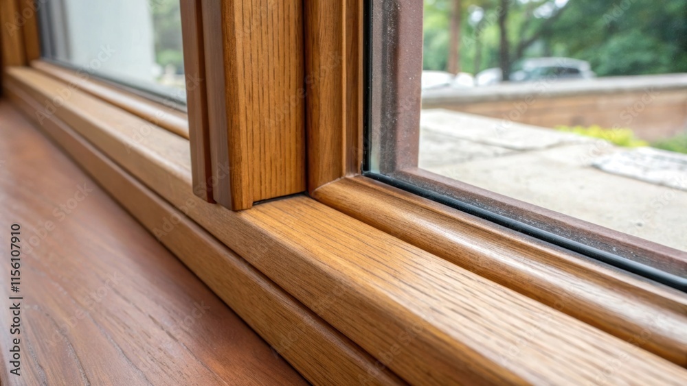Leinwandbilder A macro image capturing the intersection of a window frame and seal where the smooth surface of the wood meets the soft pliable edges of the new weather stripping.