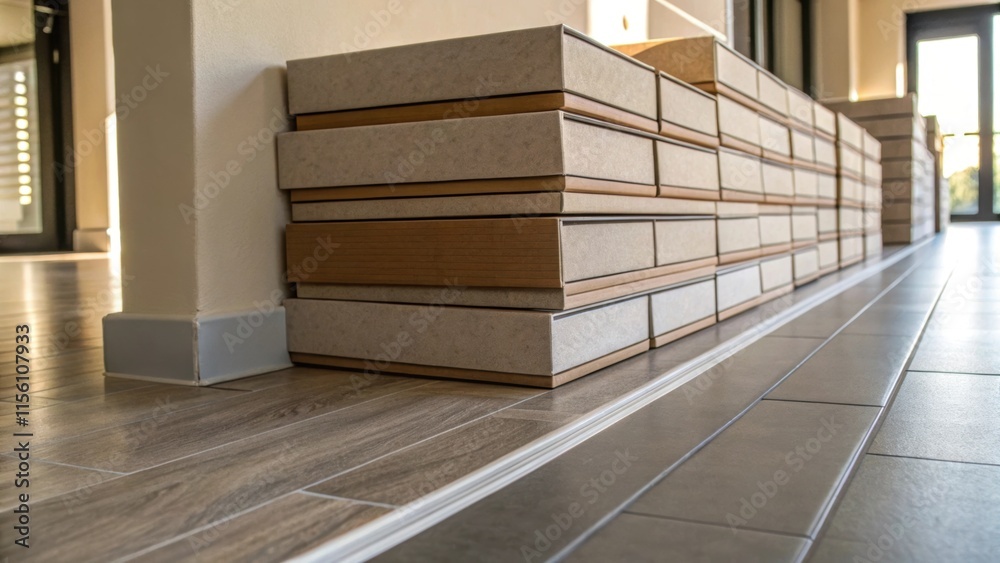 Poster A lower angle view of the flooring boxes showcasing the layers of packaging with soft shadows casting gentle lines that enhance the depth of the stacked arrangement.