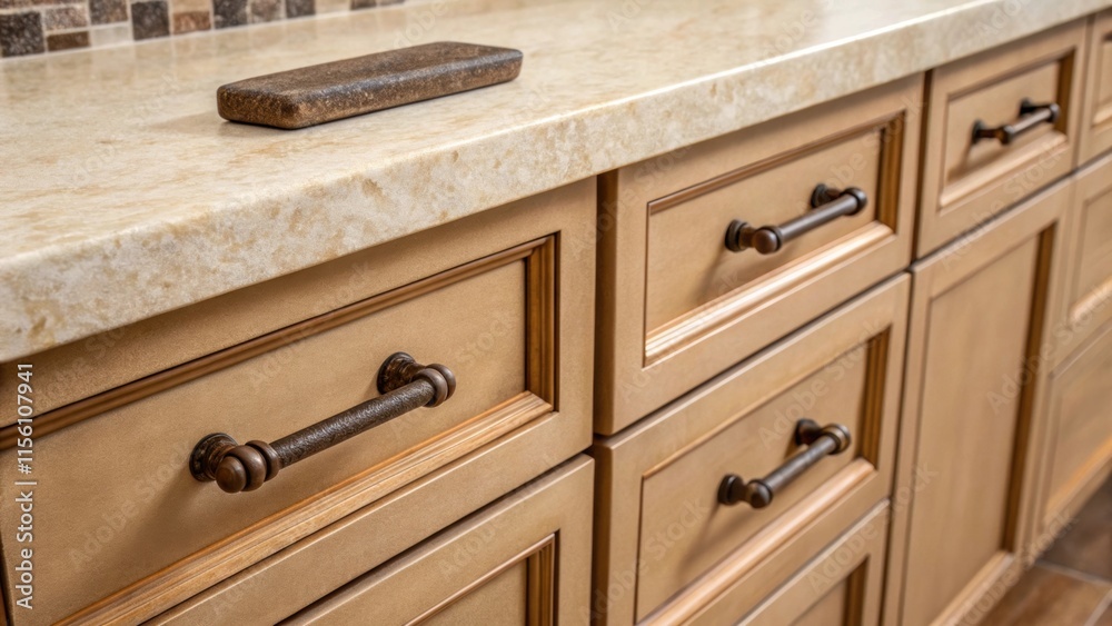 Poster a layout of recessed cabinet handles featuring rich oxidized finishes tered across a warm beige ston