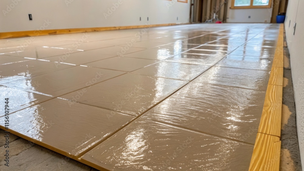 Aufkleber A layer of adhesive spread evenly across the subfloor its glossy surface indicating readiness for the first parquet tile to be set down.