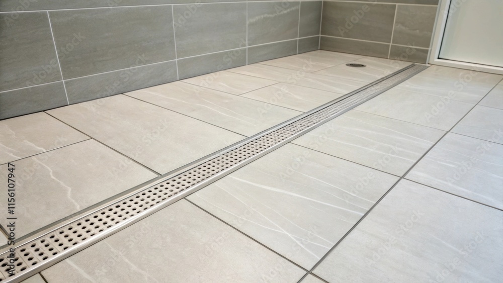 Poster A light gray largeformat tile covers the shower floor providing a clean backdrop while an elegant linear drain runs along one edge emphasizing the minimalist look.
