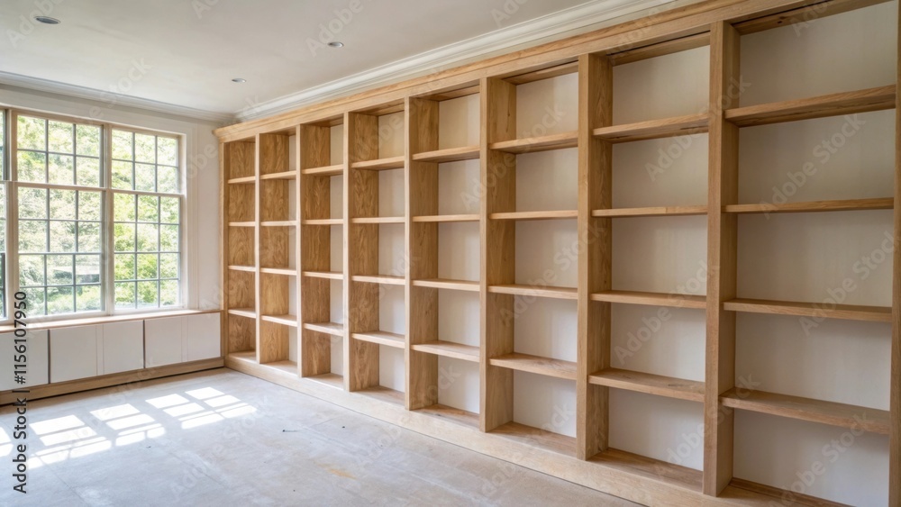 Poster A lightfilled room featuring an empty plaster wall adorned with a grid of wooden shelves each piece is sanded and prepared for a perfect fit.