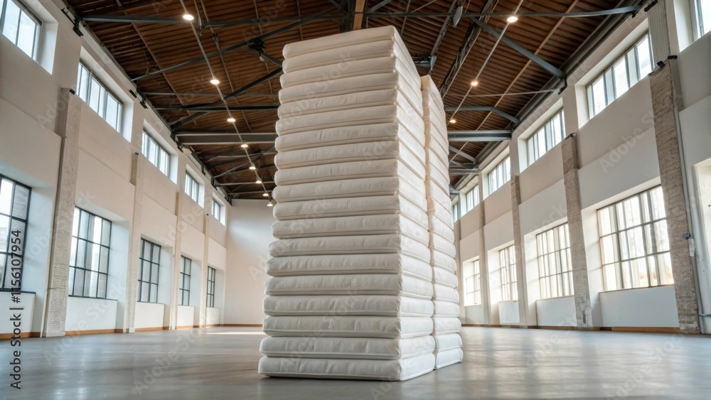 Poster a lole perspective of a towering stack of insulation packages emphasizing their height and the open 