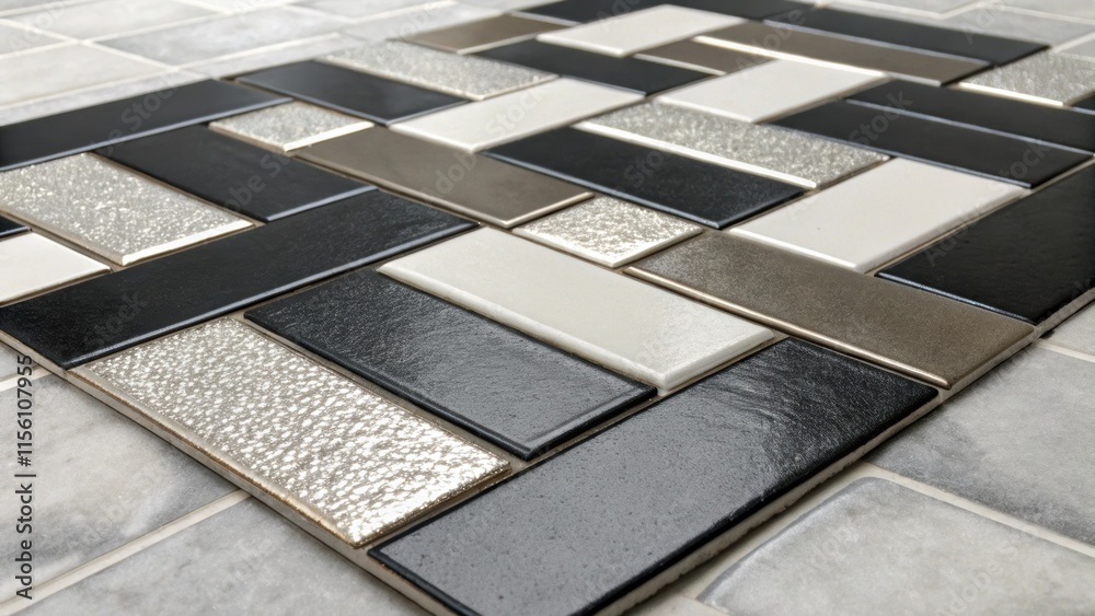 Poster a layout of bold monochromatic tiles interspersed with metallic accents reflecting light in a contem
