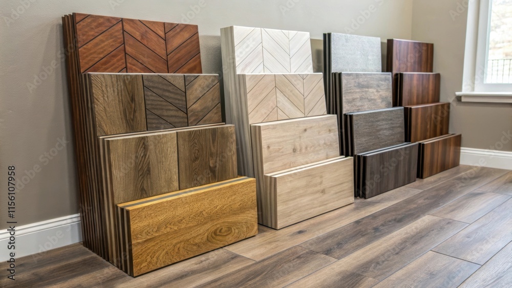 Poster A layered view showcasing the different colors and textures represented on the laminate flooring boxes creating a visual contrast against walls.