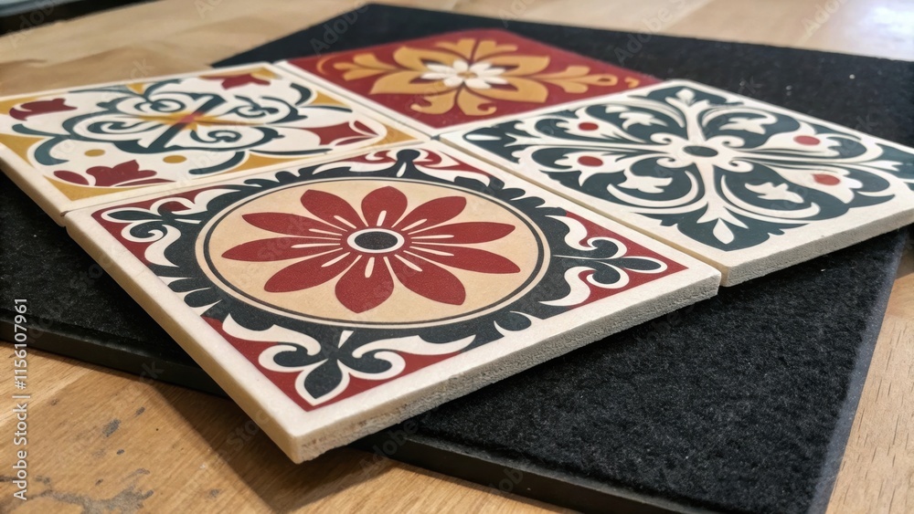 Aufkleber A layered view of patterned encaustic tiles with bold floral designs and a textured surface resting on a black felt beneath hinting at the artistic statement they will create when