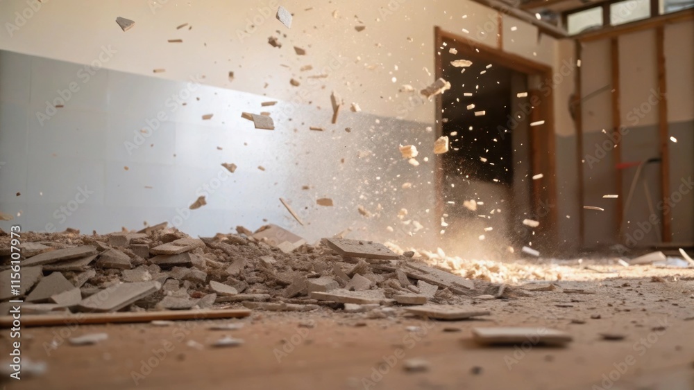 Aufkleber A layered perspective of drywall scraps caught midfall demonstrating motion with dust motes floating dramatically in filter light showcasing the chaos of renovation.