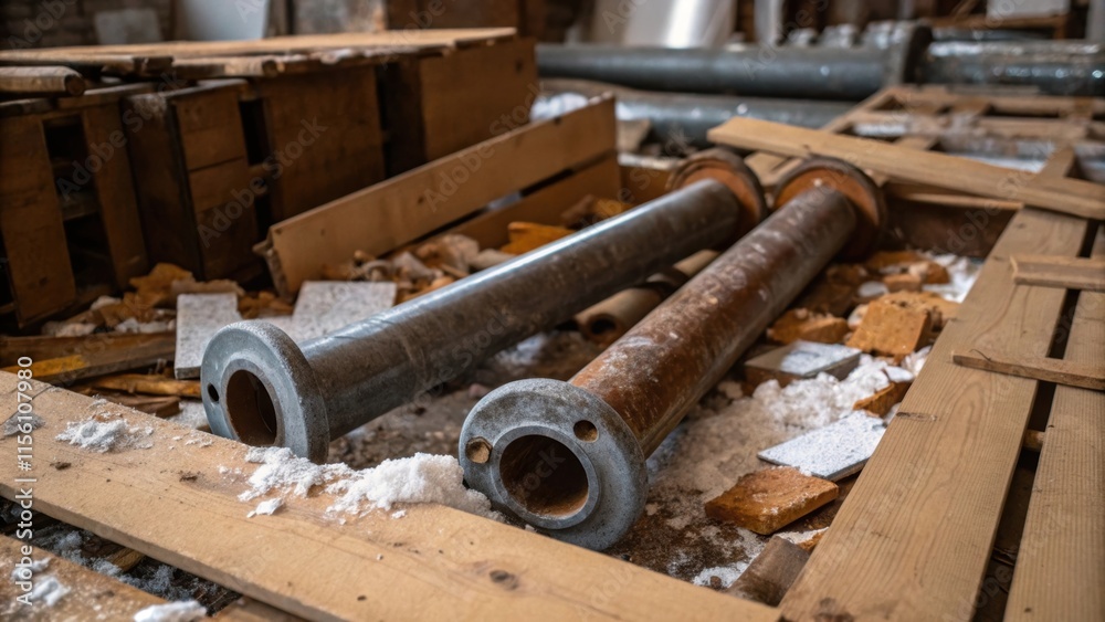 Poster A jumble of metal pipes and brackets their surfaces rusted and worn lying amidst crushed foam padding and splintered wooden crates in an industrialstyle space.